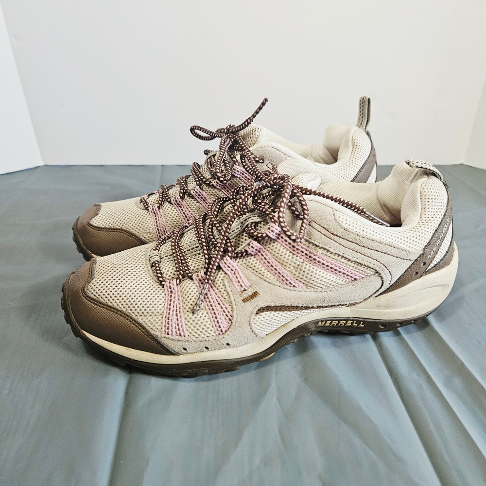 Merrell Womens Hiking Shoes Tan Pink Suede Mesh Trail Sneakers Size 11